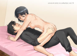 Rule 34 | 10s, 1girl, absurdres, all fours, artist name, ass, ass grab, azasuke, bed, black hair, blush, breasts, clothed male nude female, clothed sex, cowgirl position, girl on top, green eyes, hair ornament, hairclip, highres, incest, kirigaya suguha, kirito, kneeling, looking back, lying, nude, open mouth, sex, short hair, sideboob, straddling, sword art online, vaginal