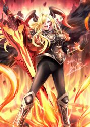 Rule 34 | 1girl, armor, black bodysuit, blonde hair, bodysuit, dated, dragon horns, fate/grand order, fate (series), fire, flaming sword, flaming weapon, greaves, gu-rahamu omega x, hair over one eye, highres, holding, holding sword, holding weapon, horns, long hair, nero claudius (fate), nero claudius (fate) (all), queen draco (fate), queen draco (third ascension) (fate), red eyes, signature, sword, weapon