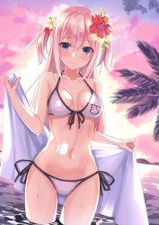 Rule 34 | 1girl, backlighting, bare shoulders, bikini, blue eyes, blush, breasts, breasts apart, closed mouth, cloud, cloudy sky, collarbone, cowboy shot, dutch angle, flower, front-tie bikini top, front-tie top, hair flower, hair ornament, hatsu (first snow), heart, heart in eye, hibiscus, highres, holding, holding towel, long hair, looking at viewer, medium breasts, navel, ocean, original, outdoors, palm tree, pink hair, side-tie bikini bottom, sky, smile, solo, sunlight, swimsuit, symbol in eye, towel, tree, twilight, two side up, wading, water, water drop, wet, white bikini