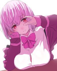 Rule 34 | 1girl, bob cut, bow, bowtie, breast rest, breasts, closed mouth, gridman universe, jacket, large breasts, looking at viewer, medium hair, onsoku inu, open clothes, open jacket, pink bow, pink bowtie, purple hair, purple jacket, red eyes, school uniform, shinjou akane, shirt, simple background, smile, solo, ssss.gridman, v over eye, white background, white shirt