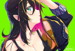 Rule 34 | 1girl, akino sora, bare shoulders, black camisole, black hair, black jacket, breasts, camisole, cleavage, collarbone, colored inner hair, green background, green eyes, hair between eyes, jacket, long hair, long sleeves, medium breasts, multicolored hair, off shoulder, open clothes, open jacket, original, parted lips, pink hair, pointy ears, profile, purple hair, signature, simple background, solo, two-tone hair, upper body