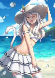 Rule 34 | 1girl, absurdres, andonoz, arm garter, artist name, warrior of light (ff14), bandeau, bare shoulders, beach, blue eyes, blue sky, blurry, blurry background, cat tail, character name, cloud, collarbone, commission, day, final fantasy, final fantasy xiv, hat, highres, long hair, looking at viewer, midriff, miqo&#039;te, navel, one eye closed, open mouth, skirt, sky, slit pupils, solo, standing, strapless, summer, tail, thighhighs, water, white hair
