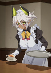 Rule 34 | 10s, 1girl, blush, breasts, cup, dark skin, dark-skinned female, female focus, large breasts, maid, shinmai maou no testament, smile, solo, standing, white hair, yellow eyes, zest