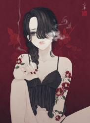 Rule 34 | 1girl, absurdres, arm tattoo, bare arms, bare legs, between legs, black camisole, black eyes, black hair, black panties, blowing smoke, braid, breasts, camellia, camisole, cigarette, collarbone, floral background, flower, flower tattoo, hair over one eye, hand between legs, highres, holding, holding cigarette, lace-trimmed camisole, lace trim, leg up, lingerie, long hair, looking at viewer, nail polish, one eye covered, original, panties, parted bangs, parted hair, parted lips, red background, red flower, red nails, seal impression, side-tie panties, side braid, signature, single braid, sitting, small breasts, smoke, smoking, solo, spaghetti strap, string panties, tattoo, underwear, upper body, ushiyama ame