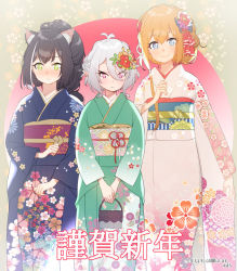 Rule 34 | 3girls, animal ear fluff, animal ears, antenna hair, bag, blue kimono, blush, braid, brown hair, cat ears, closed mouth, commentary request, floral print, green eyes, green kimono, grey eyes, hair up, holding, holding bag, japanese clothes, karyl (new year) (princess connect!), karyl (princess connect!), kimono, kokkoro (new year) (princess connect!), kokkoro (princess connect!), light brown hair, long sleeves, multicolored hair, multiple girls, nose blush, obi, own hands together, pecorine (princess connect!), pink kimono, pointy ears, princess connect!, print kimono, red eyes, sash, smile, streaked hair, subachi, v arms, white hair, wide sleeves