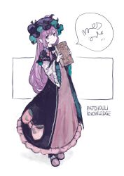 Rule 34 | 1girl, alternate color, black dress, black hat, blue bow, book, bow, character name, dress, full body, hair bow, hat, highres, holding, holding book, long hair, long sleeves, looking at viewer, mob cap, patchouli knowledge, pink bow, pink dress, purple hair, satyuas, solo, touhou, white background