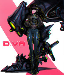 Rule 34 | 1girl, alternate color, animal print, bad id, bad pixiv id, bodysuit, breasts, brown hair, blowing bubbles, character name, chewing gum, d.va (overwatch), emblem, facepaint, facial mark, hands in pockets, heart, heart-shaped pupils, jacket, kyung han kim, leather, leather jacket, long hair, long legs, long sleeves, looking at viewer, mecha, overwatch, overwatch 1, rabbit, rabbit print, robot, small breasts, solo, south korean flag, symbol-shaped pupils, whisker markings, zipper