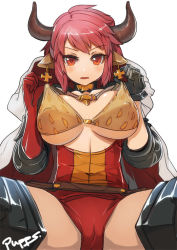 Rule 34 | 10s, 1girl, animal ears, artist name, bikini, bikini pull, bikini top only, black gloves, blush, breasts, brown bikini, cameltoe, cape, cleavage, clothes pull, covered erect nipples, covered navel, cow ears, cross, cross earrings, draph, earrings, female focus, gloves, granblue fantasy, horns, jewelry, large breasts, looking at viewer, open mouth, orange eyes, pink hair, pulled by self, pupps, short hair, simple background, sitting, solo, sturm (granblue fantasy), swimsuit, underboob, white background