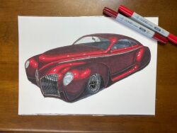 Rule 34 | art tools in frame, car, dorirazi180, highres, lincoln (company), lincoln zephyr, lowrider, marker (medium), motor vehicle, no humans, original, photo (medium), red car, solo, traditional media, vehicle focus, wheel, white background