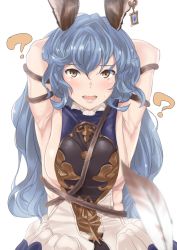 Rule 34 | 10s, 1girl, ?, animal ears, armpits, arms behind head, blue hair, blush, breasts, erune, feathers, ferry (granblue fantasy), gachou, granblue fantasy, lips, long hair, looking at viewer, medium breasts, open mouth, rabbit ears, sideboob, solo, spoken question mark, tongue, upper body, wavy hair, yellow eyes