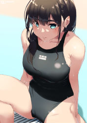 Rule 34 | 1girl, bare shoulders, black hair, blue eyes, blush, breasts, competition swimsuit, jonsun, long hair, medium breasts, mole, mole under eye, one-piece swimsuit, one eye closed, original, parted lips, sitting, solo, spread legs, swimsuit, wet