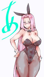 Rule 34 | 1girl, absurdres, animal ears, bare shoulders, bow, bowtie, breasts, cleavage, cowboy shot, detached collar, fake animal ears, fate/stay night, fate (series), glasses, gluteal fold, hand on own hip, highres, kikuta, large breasts, leotard, long hair, looking at viewer, marker (medium), medusa (fate), medusa (rider) (fate), millipen (medium), pantyhose, playboy bunny, purple eyes, purple hair, rabbit ears, smile, solo, strapless, strapless leotard, thighs, traditional media, very long hair, wrist cuffs