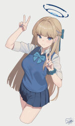 Rule 34 | 1girl, absurdres, artist name, blonde hair, blue archive, blue bow, blue bowtie, blue eyes, blue hair, blue halo, blue skirt, blue vest, bow, bowtie, closed mouth, collared shirt, cowboy shot, cropped legs, dated, green scrunchie, halo, highres, long hair, looking at viewer, pleated skirt, scrunchie, shirt, short sleeves, signature, simple background, skirt, solo, toki (blue archive), v, vest, white background, white shirt, wrist scrunchie, ziddol