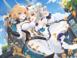 Rule 34 | 2girls, :d, :o, absurdres, barbara (genshin impact), belt, black belt, black gloves, blonde hair, blue eyes, blue sky, blush, breasts, cloud, commentary request, day, detached sleeves, dress, feet out of frame, flower, genshin impact, gloves, hand up, happy, highres, holding, holding sword, holding weapon, hug, incest, jean (genshin impact), large breasts, leaf, leggings, long hair, long sleeves, looking at another, looking back, multiple girls, open mouth, outdoors, pants, pantyhose, petals, ponytail, scabbard, sheath, sheathed, shirt, siblings, sidelocks, sisters, sky, smile, standing, strapless, strapless dress, strapless shirt, sword, thighs, v, weapon, white dress, white headwear, white pants, white shirt, wucanming, yellow flower, yuri