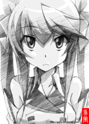 Rule 34 | 10s, 1girl, breasts, female focus, gofu, greyscale, huang lingyin, infinite stratos, monochrome, school uniform, sketch, solo, spot color, traditional media, twintails, white background