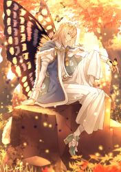 Rule 34 | 1boy, blue eyes, bug, butterfly, butterfly wings, cape, fate/grand order, fate (series), forest, fur-trimmed cape, fur trim, highres, insect, insect wings, long hair, morita yuu, nature, oberon (fate), silver hair, sitting, smile, twilight, wings