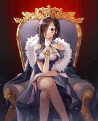 Rule 34 | 1girl, absurdres, bad id, bad pixiv id, bare legs, bare shoulders, black hair, bracelet, breasts, collarbone, commentary, cross, cross earrings, crossed legs, crown, cynthia (uuzz5324), earrings, elbow rest, eve (the binding of isaac), facial tattoo, feet out of frame, fur trim, hair over one eye, highres, huge filesize, jewelry, light smile, long hair, looking at viewer, medium breasts, red eyes, sitting, solo, tattoo, the binding of isaac, throne