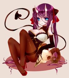 Rule 34 | 1girl, animal skull, black sclera, blue eyes, breasts, china dress, chinese clothes, cleavage, colored sclera, dress, female focus, guiyu (cindy), high heels, highres, horns, monster girl, original, purple hair, ribbon, sitting, skull, solo, tail