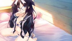 Rule 34 | 1girl, amami mikihiro, arm behind back, bad id, bad pixiv id, barefoot, bed, bed sheet, bedroom, black-framed eyewear, black hair, blue bow, blue eyes, bow, bow bra, bow panties, bra, breasts, closed mouth, collarbone, glasses, hair flaps, hair ribbon, hairband, hand up, highres, indoors, light smile, long hair, looking at viewer, navel, on bed, open clothes, original, panties, pillow, polka dot pillow, ribbon, school uniform, serafuku, shade, sitting, small breasts, smile, soles, solo, spread legs, thighs, underwear, very long hair, wallpaper, wariza, white bra, white panties, white ribbon