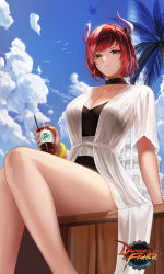 Rule 34 | 1girl, absurdres, animal, arm support, bare legs, belt buckle, bird, black choker, black one-piece swimsuit, blue sky, breasts, buckle, choker, cleavage, closed mouth, cloud, cloudy sky, collarbone, cup, day, disposable cup, dragon knight (dungeon and fighter), drink, drinking straw, dungeon and fighter, earrings, feet out of frame, floating island, flock, from below, green eyes, highres, holding, hoop earrings, horns, jewelry, knight (dungeon and fighter), large breasts, light smile, looking at viewer, monaim, one-piece swimsuit, open clothes, open robe, outdoors, palm tree, red hair, robe, see-through, short hair, short sleeves, sidelocks, sitting, sky, solo, sunlight, swimsuit, thighs, tower, tree, watermark, white robe, wristband