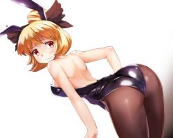 Rule 34 | 1girl, alternate costume, animal ears, ass, back, bare arms, bare shoulders, blonde hair, bow, breasts, brown bow, brown pantyhose, closed mouth, commentary request, dutch angle, hair bow, hair bun, kurodani yamame, leaning forward, leotard, long hair, looking at viewer, medium breasts, mono (moiky), pantyhose, playboy bunny, rabbit ears, rabbit girl, red eyes, shiny clothes, simple background, single hair bun, solo, topknot, touhou, white background