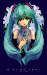 Rule 34 | 1girl, :o, alternate hairstyle, aqua hair, aqua nails, bad id, bad pixiv id, bare shoulders, detached sleeves, floral background, flower, hand on own chest, hatsune miku, lily (flower), long hair, nail polish, necktie, sidelocks, siro (asteblanc), solo, twintails, upper body, vocaloid