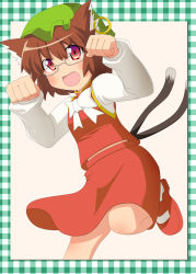Rule 34 | 1girl, animal ears, bespectacled, brown hair, cat ears, cat girl, cat tail, chen, china dress, chinese clothes, dress, earrings, fang, female focus, glasses, hat, jewelry, multiple tails, paw pose, red eyes, ribbon, short hair, skirt, solo, tail, touhou, yasuhito