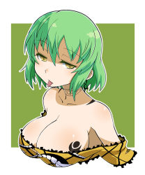 Rule 34 | 10s, 1girl, bare shoulders, breasts, choker, cleavage, cleavage cutout, clothing cutout, collarbone, earrings, frown, green hair, haganemaru kennosuke, hikage (senran kagura), jewelry, large breasts, off shoulder, senran kagura, shaded face, short hair, slit pupils, solo, tattoo, tongue, tongue out, upper body, yellow eyes