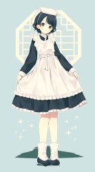 Rule 34 | 1girl, apron, black dress, black eyes, black footwear, black hair, blush, closed mouth, commentary request, dress, frilled apron, frilled dress, frills, full body, green background, head tilt, highres, long sleeves, looking at viewer, maid, original, pleated dress, shadow, shoes, silltare, sleeves past wrists, socks, solo, sparkle, standing, white apron, white socks
