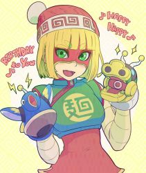 Rule 34 | 1girl, arms (game), beanie, blonde hair, chinese clothes, domino mask, dragon, dragon (arms), facepaint, food, gloves, green eyes, hat, hitohito, looking at viewer, mask, min min (arms), noodles, short hair, simple background, smile, solo, thunderbird (arms)