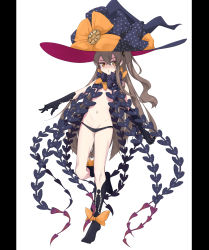 Rule 34 | 1girl, abigail williams (fate), abigail williams (fate) (cosplay), abigail williams (third ascension) (fate), absurdres, black bow, black gloves, black hat, black panties, black socks, blush, bow, brown eyes, brown hair, commentary request, cosplay, elbow gloves, fate/grand order, fate (series), girls&#039; frontline, gloves, groin, hair between eyes, hair ornament, hat, highres, kaiven banzhang, kneehighs, long hair, looking at viewer, navel, one side up, orange bow, panties, parted lips, pillarboxed, polka dot, polka dot bow, revealing clothes, scar, scar across eye, scar on face, skull print, socks, solo, topless, ump45 (girls&#039; frontline), underwear, very long hair, white background, witch hat