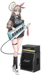 Rule 34 | 1girl, absurdres, akane (blue archive), amplifier, black choker, black shirt, black socks, blue archive, breasts, brown eyes, brown jacket, choker, collarbone, facial mark, full body, glasses, hair between eyes, halo, highres, holding, holding instrument, instrument, jacket, keyboard (instrument), kneehighs, large breasts, light brown hair, long hair, long sleeves, open clothes, open jacket, open mouth, shirt, shoes, smile, socks, solo, star (symbol), suang, thigh strap, white footwear