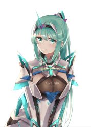 Rule 34 | 1girl, breasts, chest jewel, green eyes, green hair, highres, jewelry, large breasts, long hair, looking at viewer, pneuma (xenoblade), ponytail, sarasadou dan, simple background, smile, solo, spoilers, swept bangs, tiara, upper body, very long hair, white background, xenoblade chronicles (series), xenoblade chronicles 2