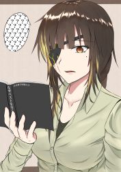 Rule 34 | 1girl, ?, ??, absurdres, blouse, book, brown eyes, brown hair, collarbone, collared shirt, eyepatch, farena, girls&#039; frontline, green shirt, grey shirt, highres, long hair, m16a1 (girls&#039; frontline), mole, mole under eye, multicolored hair, one eye covered, reading, scar, scar across eye, scar on face, shirt, simple background, solo, tagme