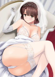 Rule 34 | 1girl, blush, bra, breasts, bridal veil, bride, brown eyes, brown hair, cleavage, couch, dress, elbow gloves, garter straps, gloves, highres, indoors, jewelry, katou megumi, lace, lace-trimmed bra, lace-trimmed legwear, lace trim, lingerie, looking at viewer, lying, medium breasts, necklace, on back, on couch, on side, panties, saenai heroine no sodatekata, satou chagashi, short hair, smile, thighhighs, underwear, veil, wedding, wedding dress, white garter straps, white thighhighs