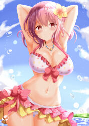 Rule 34 | 1girl, armpits, arms behind head, arms up, bikini, bikini skirt, blue sky, blush, bow, bow bikini, braid, breasts, cleavage, closed mouth, cloud, collarbone, commentary request, day, flower, frilled bikini, frills, hair between eyes, hair flower, hair ornament, highres, hoshizaki akari, large breasts, long hair, ongeki, outdoors, pink hair, red bow, red eyes, sky, smile, solo, swimsuit, water, water drop, white bikini, xenon (for achieve), yellow flower