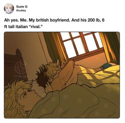 1girl, 2boys, 500 dollar four foot tall mareep, artist name, battle tendency, bed, bedroom, blanket, blonde hair, blue eyes, brown hair, caesar anthonio zeppeli, catneylang, closed mouth, commentary, couple, covered mouth, curtains, earrings, english commentary, english text, expressionless, eyes closed, facial mark, facing away, fake screenshot, feathers, hair feathers, highres, hug, indoors, jewelry, jojo no kimyou na bouken, joseph joestar (young), light particles, light rays, long hair, lying, lying on person, male underwear, meme, multiple boys, multiple sources, mutual hug, on back, on bed, pillow, short hair, sunbeam, sunlight, suzi q, under covers, underwear, underwear only, watermark, window, yaoi