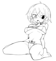 Rule 34 | 1girl, ahegao, ahoge, bikini, breasts, cleavage, full body, greyscale, heterochromia, highres, large breasts, looking at viewer, massakasama, monochrome, navel, open mouth, seiza, short hair, simple background, sitting, solo, swimsuit, tatara kogasa, tattoo, tongue, tongue out, touhou