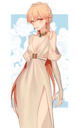 Rule 34 | 1girl, absurdres, blonde hair, blush, breasts, closed mouth, dress, earrings, girls&#039; frontline, hair ornament, highres, jewelry, lips, long hair, looking at viewer, necklace, official alternate costume, orange eyes, ots-14 (destined love) (girls&#039; frontline), ots-14 (girls&#039; frontline), ring, simple background, small breasts, smile, sobi (dnenqkswja), solo, standing, wedding band, white dress