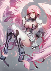 Rule 34 | 1girl, angel wings, between breasts, blush, boots, breasts, brown eyes, chain, chain between breasts, cleavage, clothing cutout, collar, d:, detached sleeves, feathered wings, feathers, female focus, full body, grey background, highres, ikaros, knee boots, large breasts, long hair, long sleeves, navel, navel cutout, open mouth, panties, parted lips, pink hair, pink lips, pink wings, ribbon, solo, sora no otoshimono, thighhighs, twintails, underwear, very long hair, white panties, wings, yuiko (yuiko33miao)