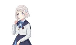 Rule 34 | 1girl, artist request, blazer, blue eyes, blue hair, blue ribbon, blue skirt, blush, braid, breasts, buttons, closed jacket, closed mouth, cowboy shot, cropped jacket, dot nose, dress shirt, fingernails, gakuen idolmaster, grey hair, half-skirt, half updo, hand up, high-waist skirt, highres, idolmaster, jacket, long sleeves, looking at viewer, multicolored hair, neck ribbon, official art, overskirt, pleated skirt, ribbon, shirt, short hair, skirt, small breasts, solo, streaked hair, transparent background, two-tone hair, white jacket, white shirt