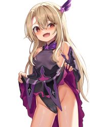 Rule 34 | 1girl, :d, bad id, bad pixiv id, black leotard, black skirt, blonde hair, blush, breasts, cameltoe, clothes lift, commission, cowboy shot, detached sleeves, fang, fate/grand order, fate/kaleid liner prisma illya, fate (series), groin, hair between eyes, hair ornament, highleg, highleg leotard, illyasviel von einzbern, leotard, lifted by self, long hair, long sleeves, mannack, open mouth, pixiv commission, red eyes, simple background, skin fang, skirt, skirt lift, small breasts, smile, solo, standing, testament (fate), very long hair, white background