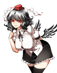 Rule 34 | 1girl, arm behind back, bird wings, black bra, black hair, black neckwear, black ribbon, black skirt, black thighhighs, black wings, bra, breasts, bright pupils, cowboy shot, eyelashes, finger to cheek, hat, highres, index finger raised, large breasts, leaning forward, looking at viewer, medium hair, parted lips, pointy ears, pom pom (clothes), puffy short sleeves, puffy sleeves, raptor7, red eyes, red hat, ribbon, shameimaru aya, shirt, short sleeves, simple background, skirt, smile, solo, standing, thighhighs, tokin hat, touhou, underwear, white background, white pupils, white shirt, wings
