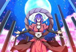 Rule 34 | 1girl, adapted costume, blue eyes, blue sky, breasts, cherry blossoms, dream demon, dress, full moon, hair between eyes, large breasts, layered sleeves, long sleeves, looking at viewer, moon, night, night sky, o-ring, outdoors, outstretched arms, parted lips, pillar, puffy short sleeves, puffy sleeves, red dress, red eyes, sash, short hair, short over long sleeves, short sleeves, sky, smile, solo, spread arms, standing, star (sky), starry sky, touhou, v-shaped eyebrows, yasaka kanako