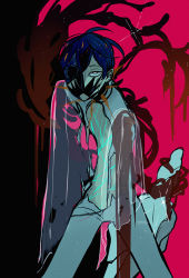Rule 34 | 1other, androgynous, angry, blue hair, bodysuit, center opening, commentary, cow, cracked skin, english commentary, eye socket, glint, golden arms, highres, holding, holding sword, holding weapon, houseki no kuni, leaning forward, looking at viewer, one-eyed, other focus, pemprika, phosphophyllite, phosphophyllite (ll), sanpaku, see-through, see-through sleeves, short hair, sketch, solo, spikes, spoilers, sword, torn clothes, torn sleeves, twitter username, two-tone background, weapon, white bodysuit