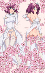 Rule 34 | 1girl, :d, ass, bare shoulders, bed sheet, blue eyes, blush, breast suppress, breasts, cherry blossoms, clothes lift, crown, dakimakura (medium), dress, dress lift, flower, garter belt, garter straps, haruhisky, henrietta de tristain, juliet sleeves, large breasts, long sleeves, looking at viewer, lying, multiple views, nipples, on back, on stomach, open mouth, panties, panty pull, puffy sleeves, purple hair, short hair, smile, thighhighs, tiara, uncensored, underwear, undressing, white thighhighs, zero no tsukaima