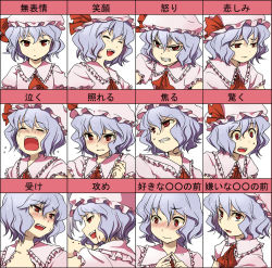 Rule 34 | 1girl, angry, bad id, bad pixiv id, blood, blue hair, blush, chart, clenched teeth, crying, expressions, closed eyes, fangs, female focus, fidgeting, hat, index fingers together, multiple views, open mouth, red eyes, remilia scarlet, sad, short hair, surprised, sweat, tears, teeth, text focus, touhou, translated, yuki (popopo)