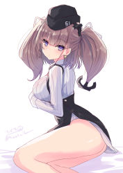 Rule 34 | anchor hair ornament, ass, atlanta (kancolle), bare legs, black hat, bra visible through clothes, breasts, brown hair, earrings, garrison cap, gloves, grey eyes, hair between eyes, hair ornament, hat, high-waist skirt, highres, hizaka, jewelry, kantai collection, large breasts, long hair, long sleeves, on bed, partially fingerless gloves, purple eyes, shirt, signature, single earring, sitting, skirt, solo, star (symbol), star earrings, suspender skirt, suspenders, twitter username, two side up, white background, white shirt