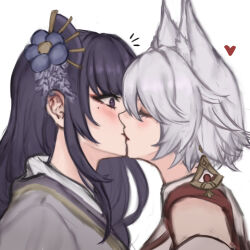 2girls a_ai_ri animal_ear_fluff animal_ears blush closed_eyes commentary_request earrings fox_ears genshin_impact grey_kimono highres japanese_clothes jewelry kimono kiss kitsune_saiguu long_hair mole mole_under_eye multiple_girls purple_eyes purple_hair raiden_shogun short_hair simple_background white_background white_hair yuri