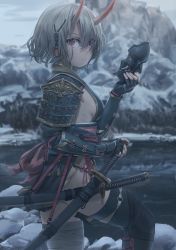 Rule 34 | 1girl, absurdres, armor, bandaged leg, bandages, black gloves, black thighhighs, breasts, closed mouth, elbow gloves, fingerless gloves, free style (yohan1754), from side, gloves, grey hair, hair between eyes, hair ornament, highres, holding, holding mask, horns, japanese armor, japanese clothes, katana, looking at viewer, mask, mixed-language commentary, mountain, oni, oni horns, original, outdoors, red eyes, red horns, rock, short hair, shoulder armor, sideboob, snow, sode, solo, sword, thighhighs, water, weapon